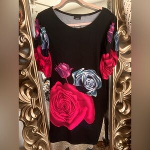Floral Black Dress with Red and Purple Roses
